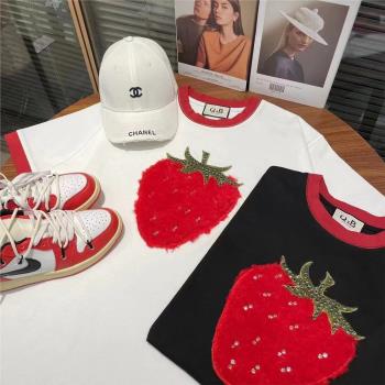 歐貨潮牌半袖T恤女夏中長款2023新款寬松草莓設計感小眾洋氣上衣