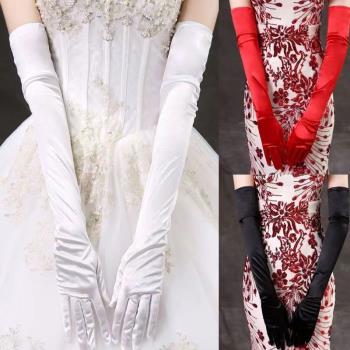 黑白色綢面手套復古赫本風結婚服飾配件加長分指長款婚紗禮服婚禮