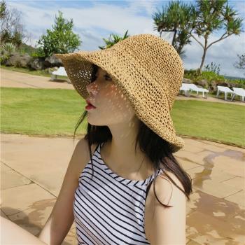 夏季手工鉤針女可折疊遮陽草帽