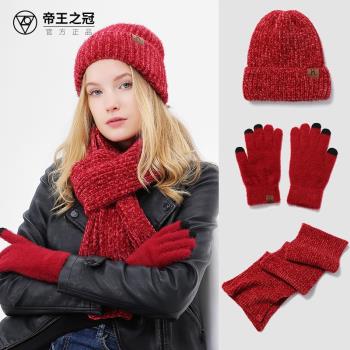 紅色圍巾手套冬季女韓版毛線帽子