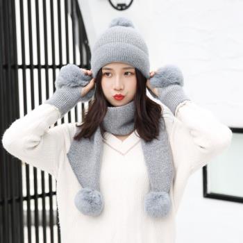 韓版可愛毛球純色帽子圍巾手套