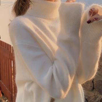 2023年秋冬季很仙的高領毛衣女寬松慵懶風白色針織衫內搭套頭上衣