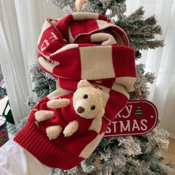 圣誕圍巾日系可愛小熊玩偶毛線棋盤格子紅色圍巾女秋冬季保暖圍脖