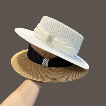 草帽女夏季出游水鉆百搭簡約草編禮帽遮陽海邊度假法式時尚平頂帽