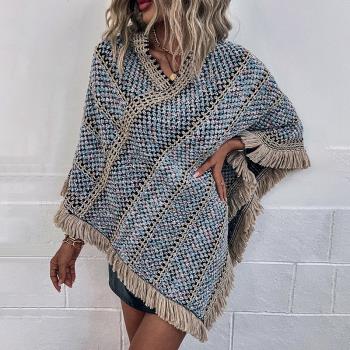 Women fashion casual contrast striped tassel pullover cape