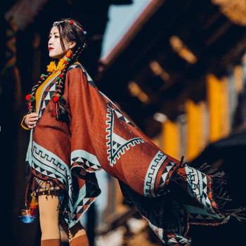 斗篷加厚民族風西藏拍照磚紅披肩