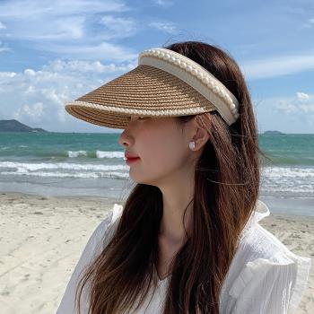 韓國珍珠沙灘草帽女2021網紅新款夏季空頂遮陽鴨舌防曬帽草編帽子