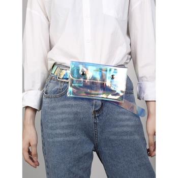 鐳射果凍手機包細皮帶女韓國裝飾斜挎包塑膠透明腰包腰帶式小包包