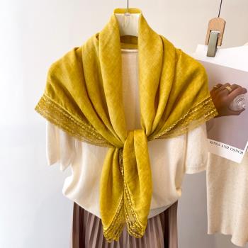 女姜黃色冬季棉麻披肩護頸大方巾