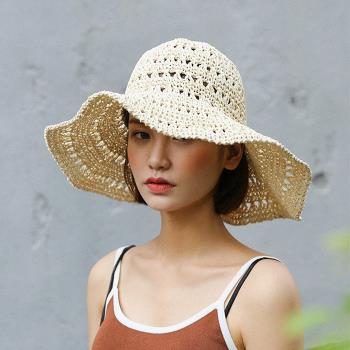 韓國夏季鉤針草帽子女士大沿鏤空遮陽帽可折疊防曬大檐太陽沙灘帽