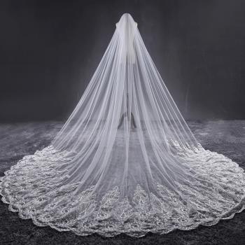 新款韓式浪漫蕾絲長拖尾鑲嵌水鉆軟紗頭紗3.8米超長新娘結婚頭紗
