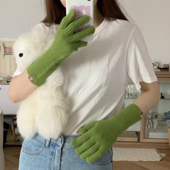 韓系可愛少女軟糯純色露指長款分指觸屏冬季保暖ins羊毛手套學生