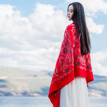 秋冬季西藏尼泊爾刺繡花仿羊絨女大紅披肩民族風圍巾加厚兩用斗篷