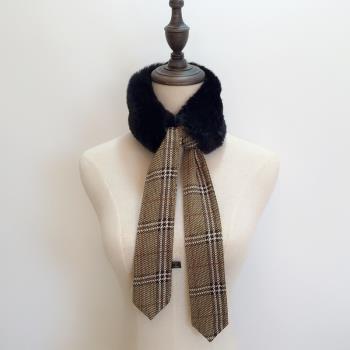 時尚毛領女冬天保暖系帶格子圍巾