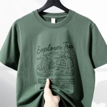 復古咔嘰 青苔綠重磅美式印花t恤 抹茶綠純棉休閑寬松情侶款體恤