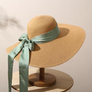 淺咖啡沙灘草帽女夏天帽子防曬海邊度假飄帶大沿夏季太陽遮陽帽