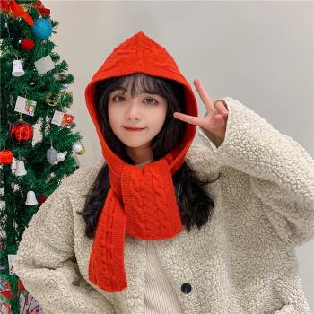 韓版秋冬季一體女加厚帽子圍巾