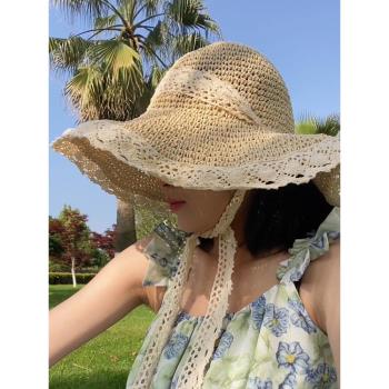 帽子女大帽檐草帽防曬遮陽遮臉夏季蕾絲大頭圍沙灘海邊夏天太陽潮