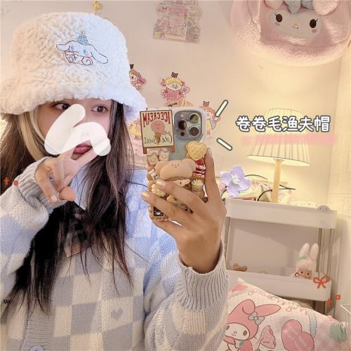 冬季仿兔毛可愛卷毛玉桂狗美樂蒂庫洛米女學生毛絨漁夫帽盆帽百搭