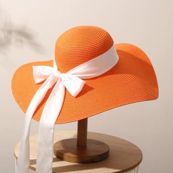橘色可折疊大沿草帽夏季女度假沙灘飄帶遮陽防曬防紫外線太陽帽子