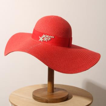 草帽可折疊紅色女夏季沙灘大帽檐