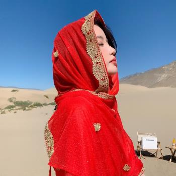 民族風夏季防曬沙漠包頭旅游披肩海邊沙灘薄款度假圍巾披肩紅色女
