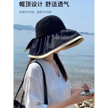夏季黑膠漁夫帽女蝴蝶結防紫外線大檐遮臉防曬太陽帽遮陽帽可折疊