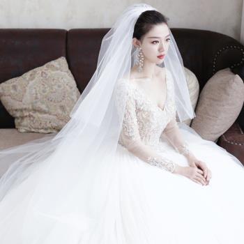 韓式白色超長拖尾森系結婚頭紗