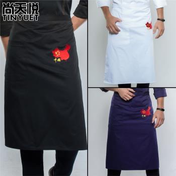 烹飪大師黑色大圍裙繡地圖圍腰廚師長比賽用圍裙后廚房防水圍布裙