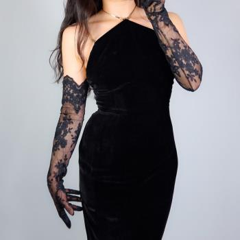 蕾絲長手套 62cm超長款透視透明睫毛花邊波浪網紗黑色婚紗禮服