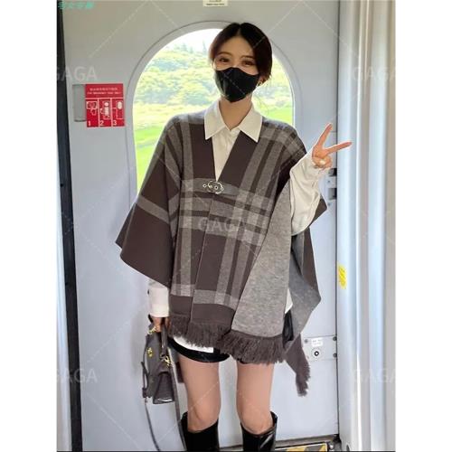 針織格子羊絨披肩外穿圍巾斗篷兩面穿2022秋冬新款時尚百搭披風女