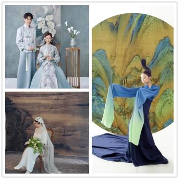 只此青綠工筆畫古風影樓婚紗攝影背景布中國風寫真復古拍照拍攝背