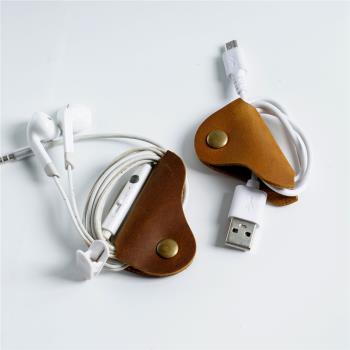 牛皮手工皮具真皮繞線器復古風USB收納整理數據線按扣耳機集線器