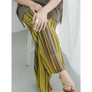 寬松鉤花蕾絲鏤空彩條紋闊腿褲