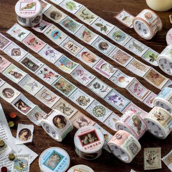 陌墨 復古郵局系列郵票模切膠帶 文藝蘑菇植物花朵動物手賬小貼紙