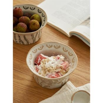 日式復古粗陶小碗高顏值家用甜品湯碗帶勺水果沙拉碗兒童單個飯碗