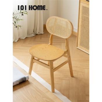 101 home實木餐椅家用簡約客廳藤編靠背椅子餐廳極簡侘寂風椅子