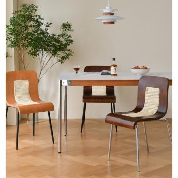 侘寂風藤編實木餐椅家用餐廳現代簡約北歐中古高端靠背椅子設計師