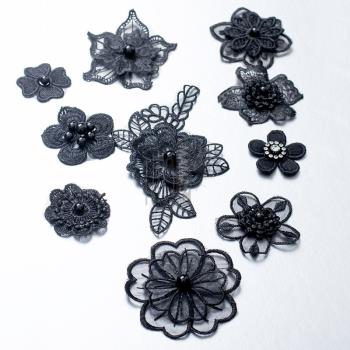 黑色蕾絲朵花釘珠鑲鉆手工布貼 鑲鉆花邊花朵補丁手縫裝飾貼