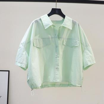 2023年新款夏季韓系淺綠色高級感襯衫短上衣女設計感小眾襯衣外套