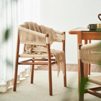 北歐實木餐椅創意家用麻繩編織靠背躺椅現代簡約白蠟木餐桌椅組合
