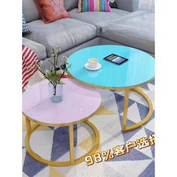 新款圓形家用茶桌客廳電視柜創意組合彩色鋼化玻璃茶幾輕奢陽臺桌