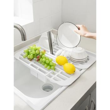 日本抽拉瀝水架廚房臺面水槽碗碟果蔬瀝水板可伸縮水池伸縮置物架