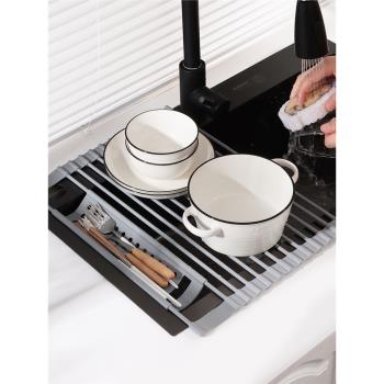 廚房水槽瀝水架水池碗筷控水置物架硅膠可折疊收納卷簾碗碟瀝水籃