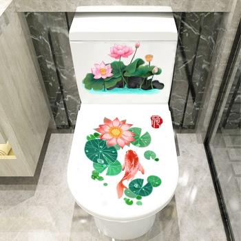 中國風創意馬桶貼畫裝飾貼廁所個性荷花貼紙翻新馬桶蓋防水自粘