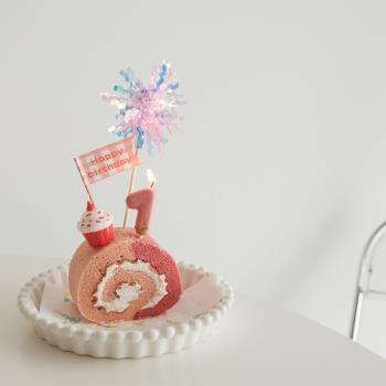ins兒童生日蛋糕裝飾高級感慶生插件可愛粉草莓數字蠟燭派對用品