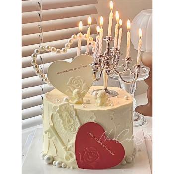 七夕情人節蛋糕裝飾珍珠愛心插件浮雕玫瑰花愛心卡片燭臺蛋糕插牌