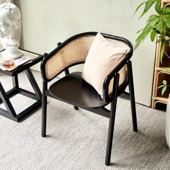 實木藤椅新中式餐椅現代簡約餐廳藤編靠背椅休閑椅子家用梳化妝椅