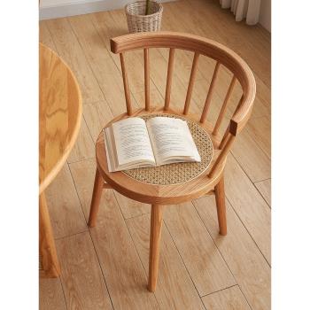 北歐實木藤編靠背家用餐椅圍椅化妝椅設計師簡約單人復古書房桌椅