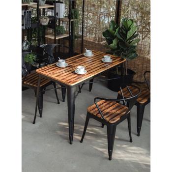 鐵藝戶外桌椅咖啡桌簡約花園休閑庭院現代天然防腐木長方桌椅組合